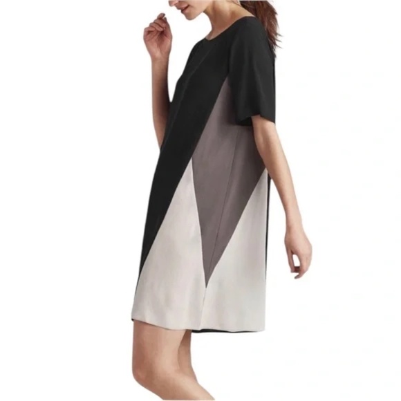 Eileen Fisher 100% Silk Georgette Color-Block Shift Pullover Dress ~ Size L/G - Picture 2 of 7